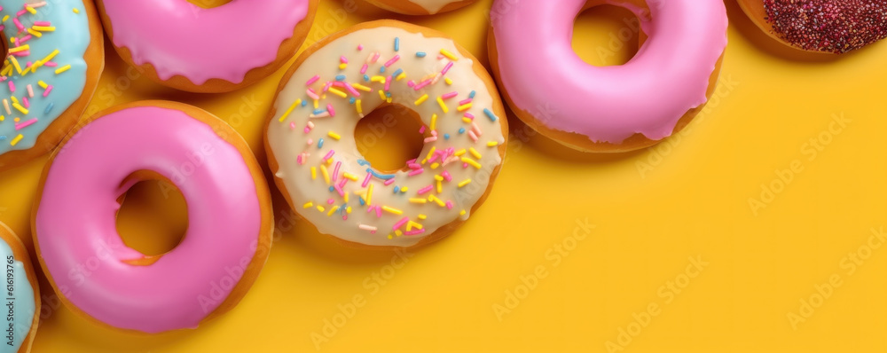 Banner of colorful donuts on bright yellow background, with copy space, top view. AI generative Banner of colorful donuts on bright yellow background, with copy space, top view. AI generative