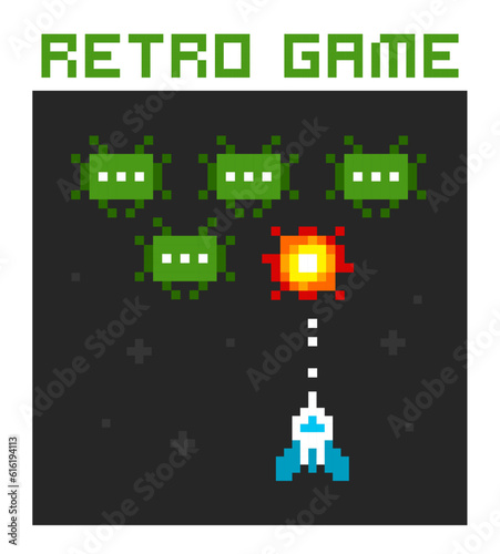 Geek Poster Space Arcade in 8-bit retro video game style. Simple 8-bit pixel graphics scene of spaceship shoots at the green aliens. Vector illustration  © VRTX