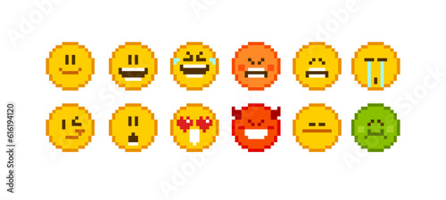 8-bit  Pixel emotions icons in retro video game style - isolated vector illustration. Funny Geek emoticons in flat style. Pixel art set of emoticon face icons in 8 bit video game style