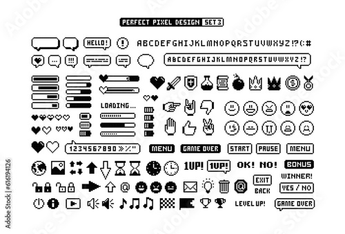 8-bit Game pixel graphics icons Set 3. Perfect pixel icons of game props, download bar, office icons, gestures and cursors. Retro Game loot and awards pixel art. Isolated vector photo