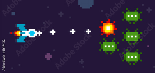 Screen of space arcade in 8-bit retro video game style UFO Monsters vs Spaceship vector illustration