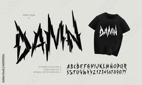 Y2k Damn Dark Lettering tattoo type font for tee print design. Trendy type font concept for Gothic Punk Rock and Death Rock print design. Rock style print design with t-shirt vector mockup