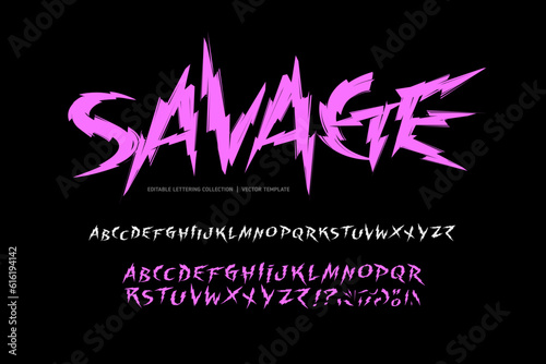 Y2k Savage Dark Lettering tattoo vector type font. Gothic Punk style type font with Rock and Dark Rock signs and symbols. Dark style font 00s concept. Rock n Roll style lettering