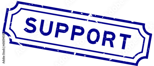 Grunge blue support word rubber seal stamp on white background