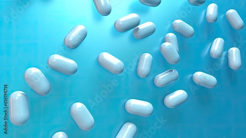 White pills on a blue background isolated. Medicines, drugs for the treatment of patients. Pill blank vector illustration. Vitamins and medicines. Generative ai.