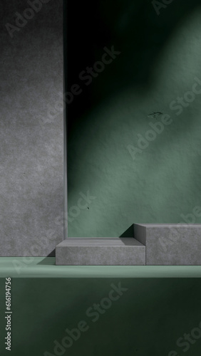 blank mockup gray concrete podium in portrait green rough wall background, 3d image render