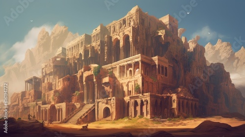 Ancient city buried deep within a desert or underwater realm. Depict its crumbling architecture, intricate statues, and the sense of wonder and mystery that surrounds this forgotten civilization