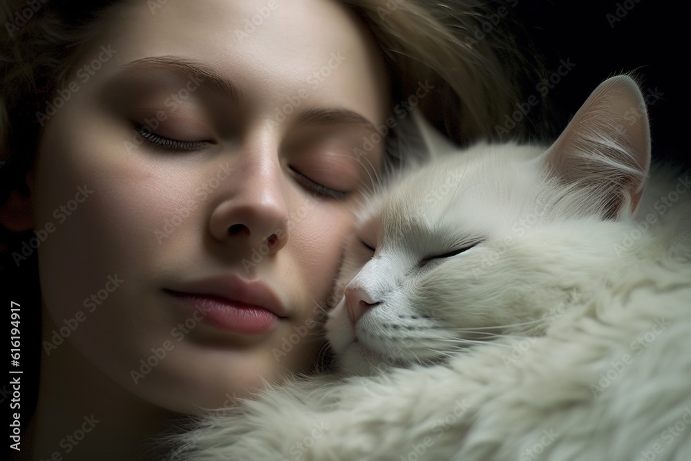 Female is holding and petting and kissing cute cat. Pet love concept. Generative ai image.