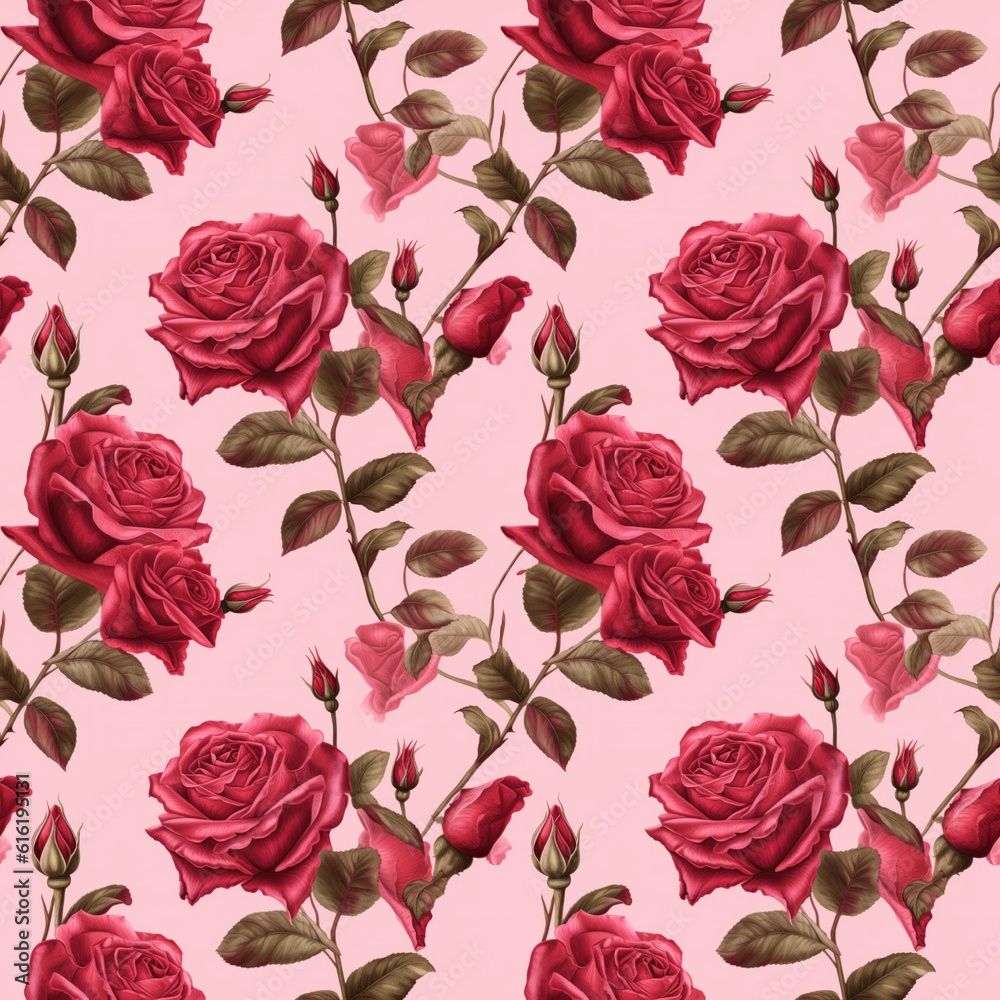 Naklejka premium Red rose on bright pink background seamaless pattern. Generative AI