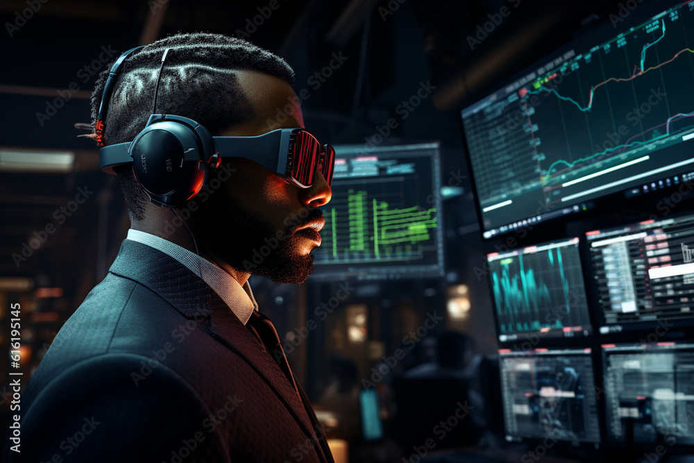 a trader using an AR headset to view digital stock charts projected in the air Generative AI a trader using an AR headset to view digital stock charts projected in the air Generative AI