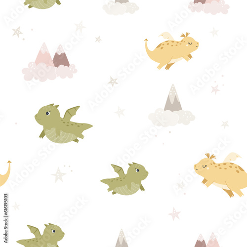 Childish seamless pattern with cute dragons and cloudy mountains © danceyourlife