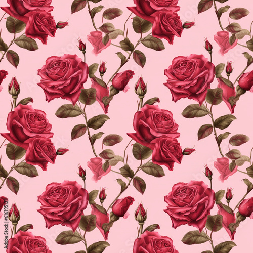 Red rose on bright pink background seamaless pattern. Generative AI