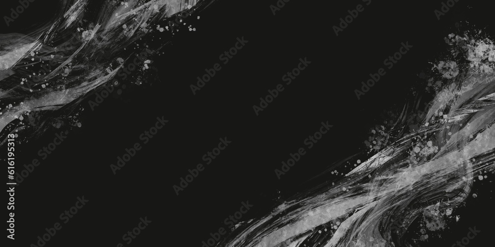 Obraz premium 和風ダーク抽象横長テンプレート。黒背景の対角線上に銀色の筆跡とスプラッシュ