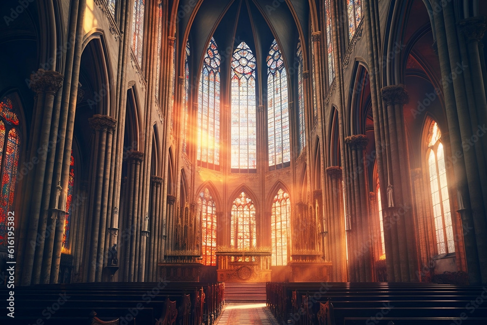 Soaring Gothic Cathedral with Stained Glass Windows. Generative AI