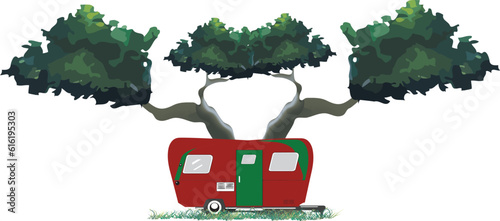 the green and red trailer is parked under the trees with a tree on it-