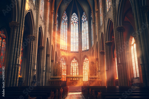 Soaring Gothic Cathedral with Stained Glass Windows. Generative AI