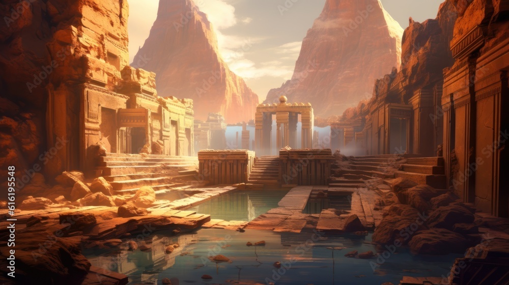 Ancient city buried deep within a desert or underwater realm. Depict its crumbling architecture, intricate statues, and the sense of wonder and mystery that surrounds this forgotten civilization