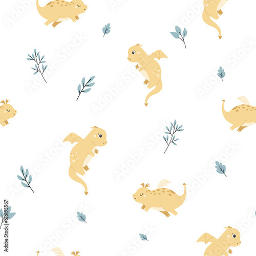 Childish seamless pattern with cute dragons and botanical elements