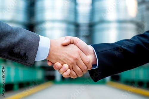 Hands of businessmen close-up, shaking hands on the background of the granary