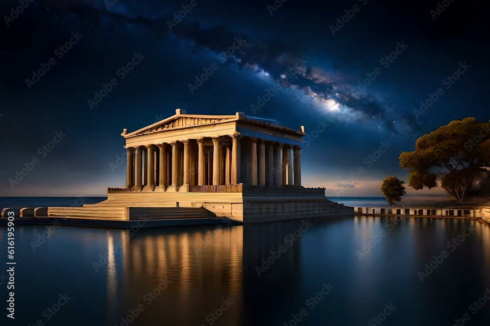 Ancient Greek temple, Olympus, night, starry sky, water,dramatic lighting