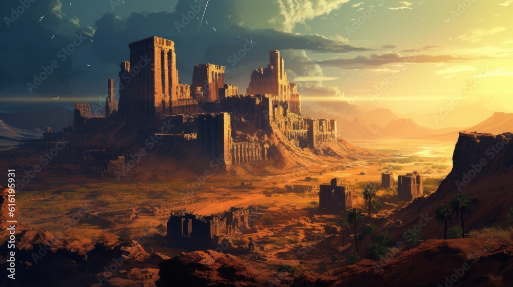 Ancient city buried deep within a desert or underwater realm. Depict its crumbling architecture, intricate statues, and the sense of wonder and mystery that surrounds this forgotten civilization Ancient city buried deep within a desert or underwater realm. Depict its crumbling architecture, intricate statues, and the sense of wonder and mystery that surrounds this forgotten civilization