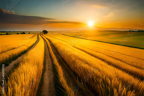 wheat field at sunset  neatly arranged agricultural crops  golden light of ripe wheat