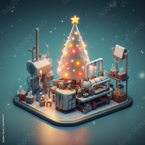 Small and cute urban laboratory  making a cute small Christmas tree  3d blender render  winter background  Ai generated art illustration.