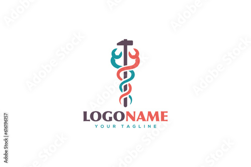 Creative logo design designated to construction company or workshop. This logo design depicts a caduceus made from a hammer and two wrench tools. 
