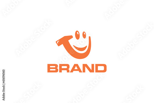 Creative logo design designated to construction company or workshop. This logo design depicts a happy mascot shaped by a hammer. 
