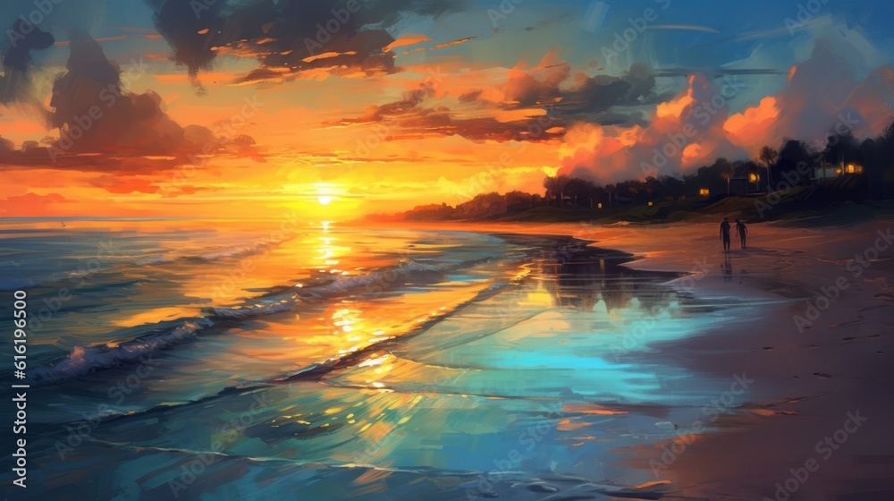 At sunset on a beach, turquoise sea and golden beach. While people are enjoying the sea, the colors and reflections of the sunset add a different beauty to the landscape. Created with Generative AI.