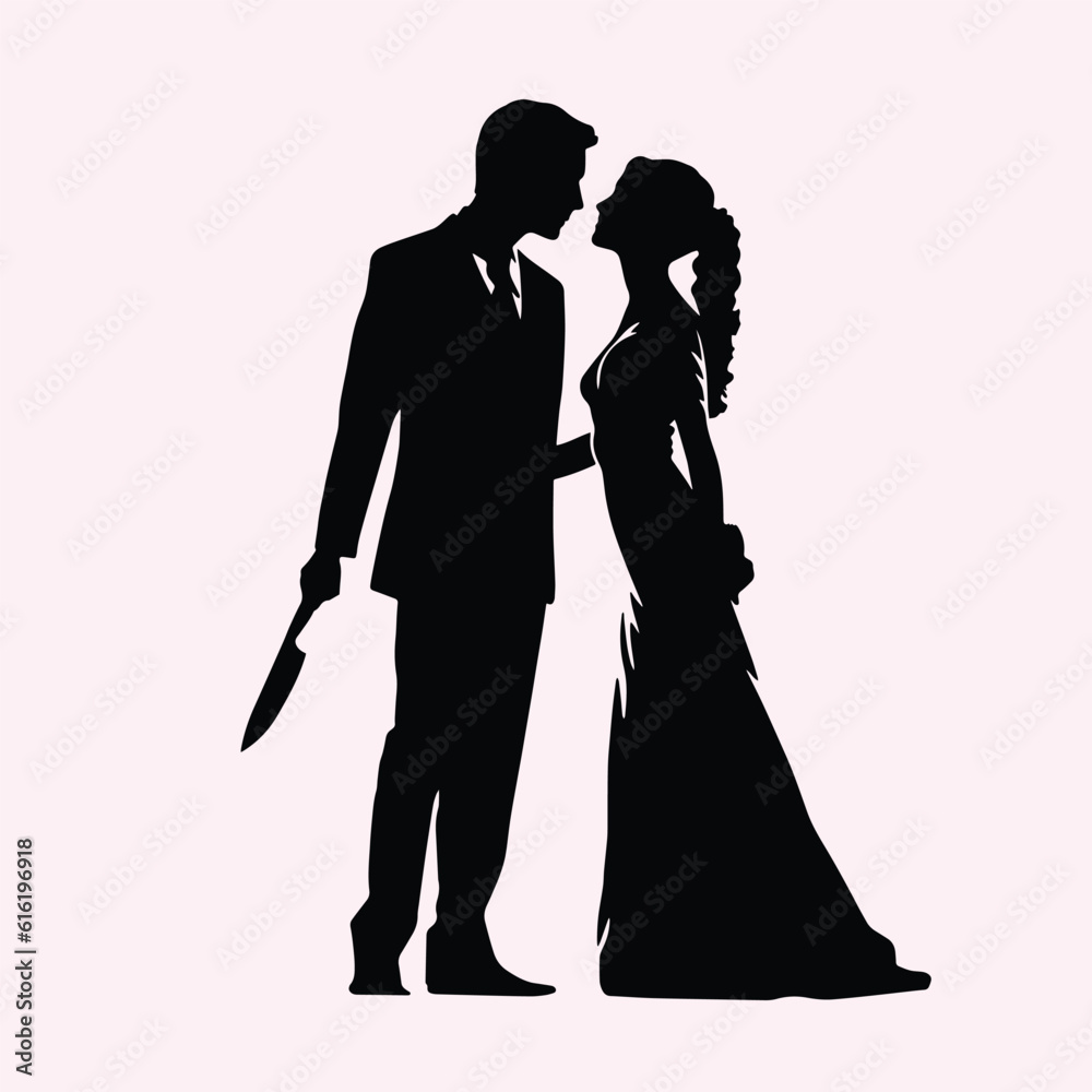 Bride and groom couple silhouettes. Woman in wedding dress, man holding knife behind his back, treacherous deal or betrayal metaphor