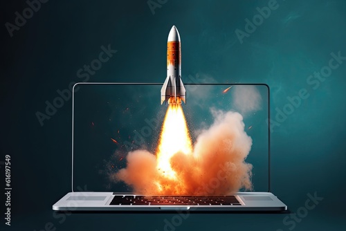 Rocket take off from laptop concept. Growing up and achieving success with investment. Generative AI