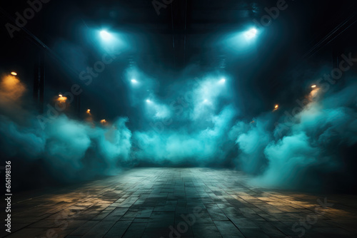 Empty Blue Stage Scene Smoke created with Generative AI Technology, ai, generative