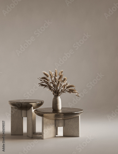 Conceptual interior room with stucco wall. Creative composition table with dry flowers in warm pastel color. Mockup empty background. 3d rendering. High quality 3d illustration