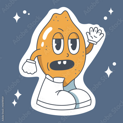 Vector illustration in retro style for projects. Sticker with a cartoon image of a disgruntled lemon in groove style on a blue background.