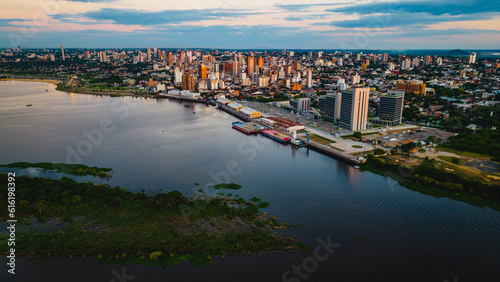 Obraz na płótnie Aerial Drone Fly Above Asuncion City Waterfront in Paraguay, Daylight Cityscape