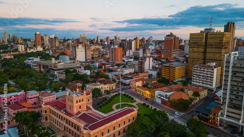Aerial Panoramic View of Asuncion Paraguay City, Cityscape and Sunset Skyline in Paraguayan Capital,  photo