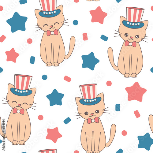 Cute hand drawn cartoon character american cat seamless vector pattern background illustration for 4th of july independence day holiday