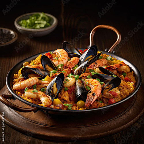 Gastronomic picture of a plate of paella marinera. Typical Spanish dish.