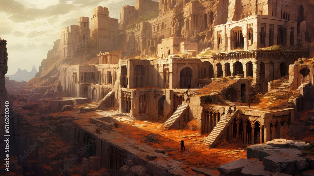 Ancient city buried deep within a desert or underwater realm. Depict its crumbling architecture, intricate statues, and the sense of wonder and mystery that surrounds this forgotten civilization