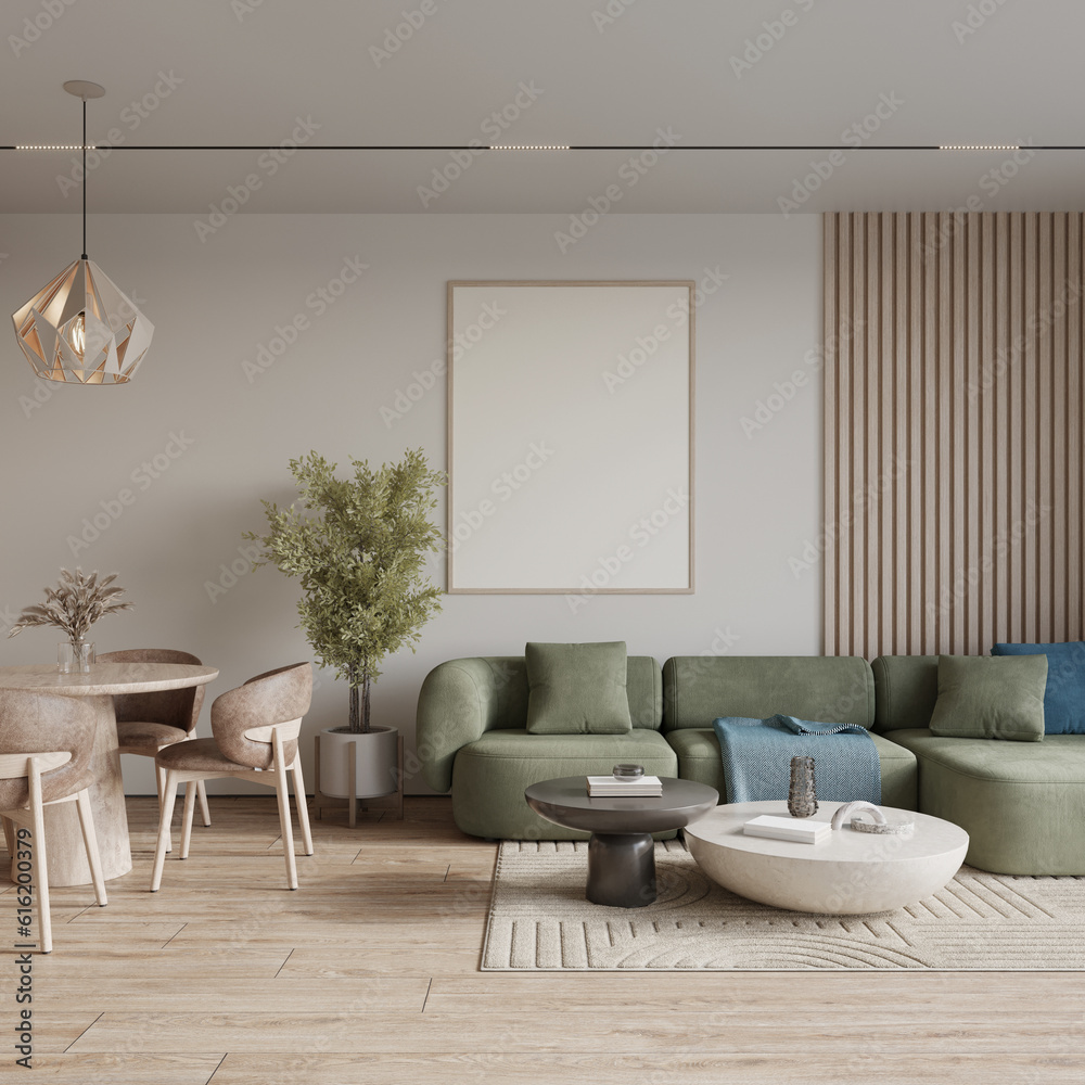 Fototapeta premium Home interior mock-up with cozy sofa on white wall background, 3d render