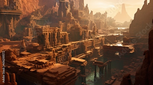 Ancient city buried deep within a desert or underwater realm. Depict its crumbling architecture, intricate statues, and the sense of wonder and mystery that surrounds this forgotten civilization