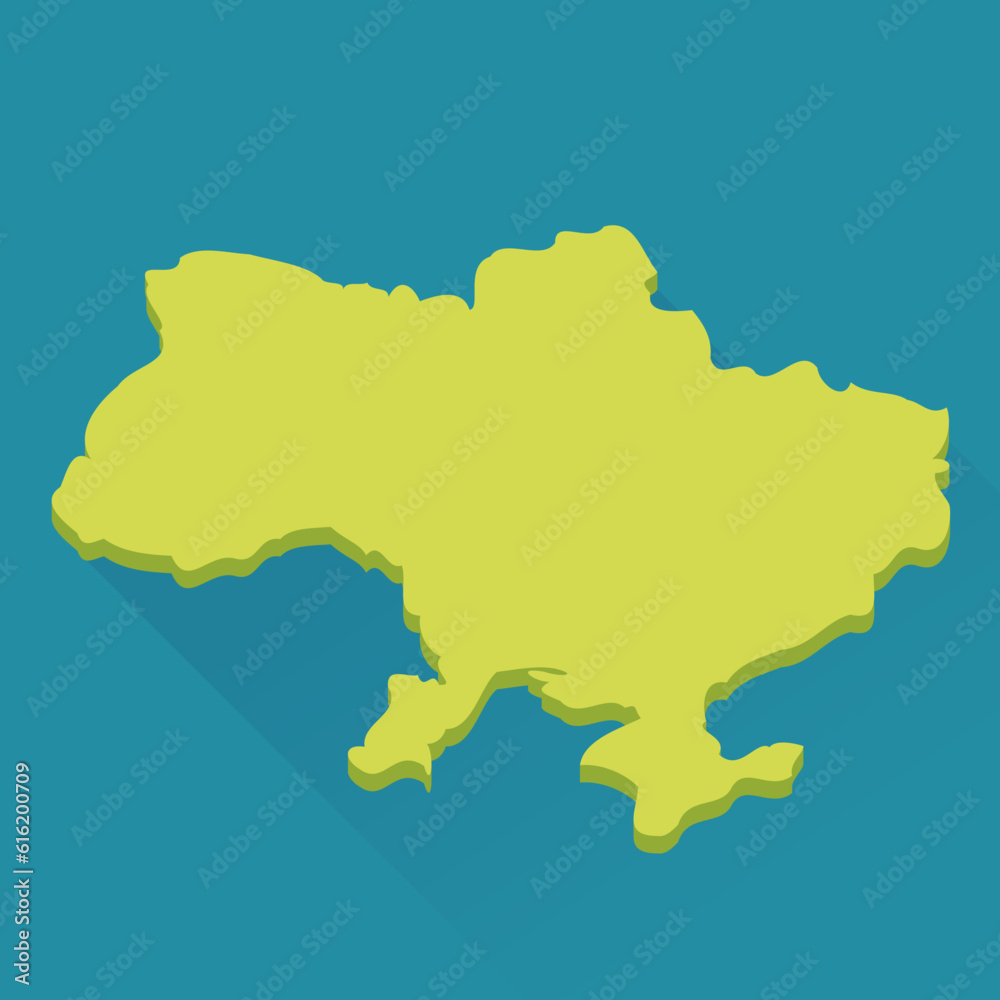 Yellow map of Ukraine with a relief effect isolated on a blue background and a shadow with flat design style