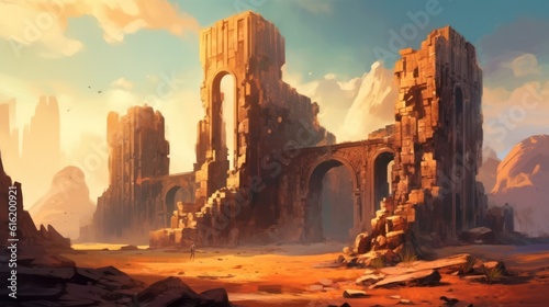 Ancient city buried deep within a desert or underwater realm. Depict its crumbling architecture, intricate statues, and the sense of wonder and mystery that surrounds this forgotten civilization