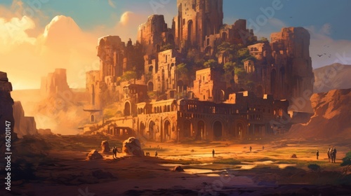 Ancient city buried deep within a desert or underwater realm. Depict its crumbling architecture, intricate statues, and the sense of wonder and mystery that surrounds this forgotten civilization