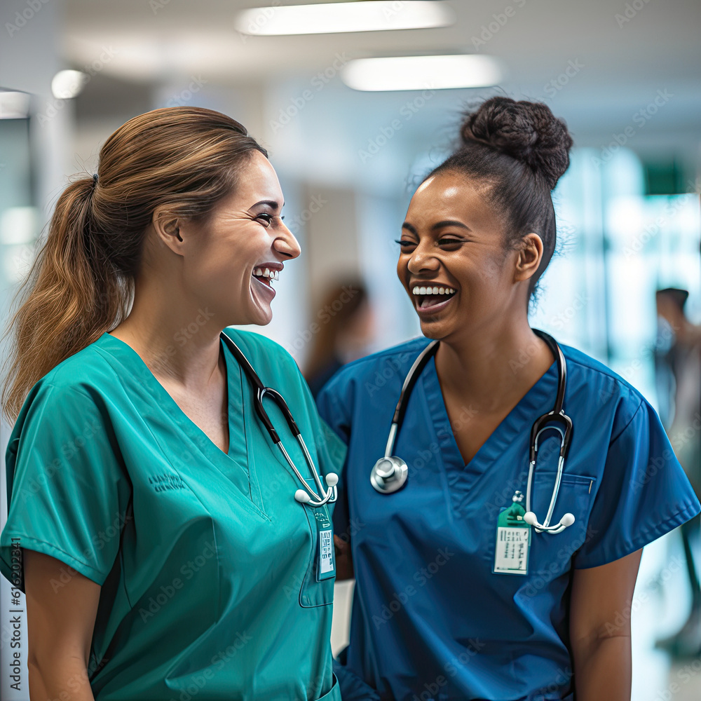 Group of nurses smiling as they move down a hospital corridor. Group of nurses smiling as they move down a hospital corridor.