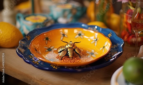  a plate with a bee on it sitting on a table next to a lemon and a glass of wine and a vase with flowers in it.  generative ai © Anna