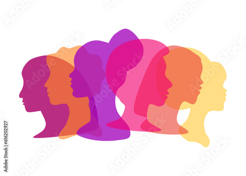 multicolored famale head silhouette. The concept of equality, international womens, activism, feminism, inclusive. Modern feminist vector illustration different womens portaint isolated.