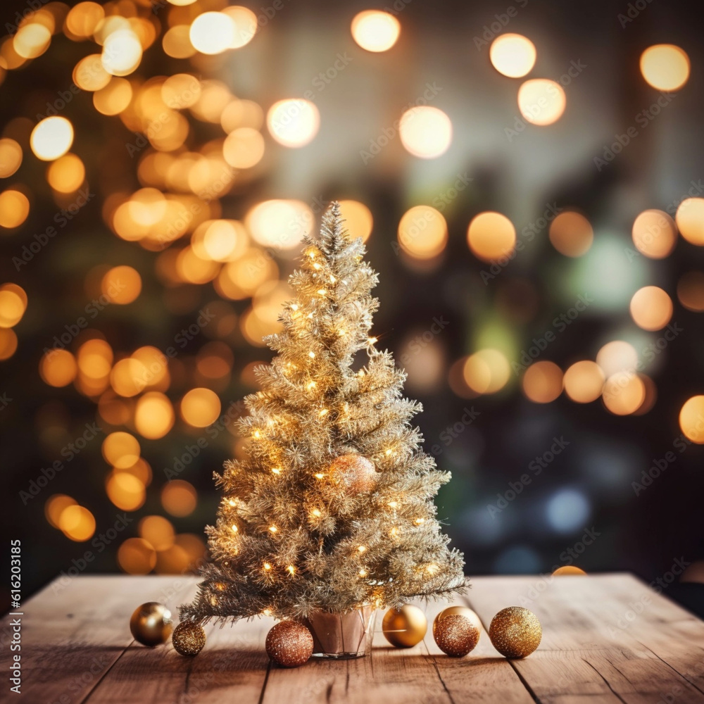 Christmas table background with Christmas tree out of focus for product display montage, Christmas background, Ai generated art illustration. Christmas table background with Christmas tree out of focus for product display montage, Christmas background, Ai generated art illustration.