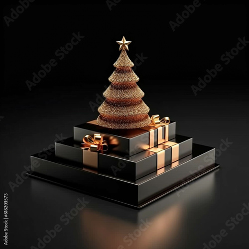 Christmas tree At Christmas and New Year on a black background, Ai generated art illustration. photo